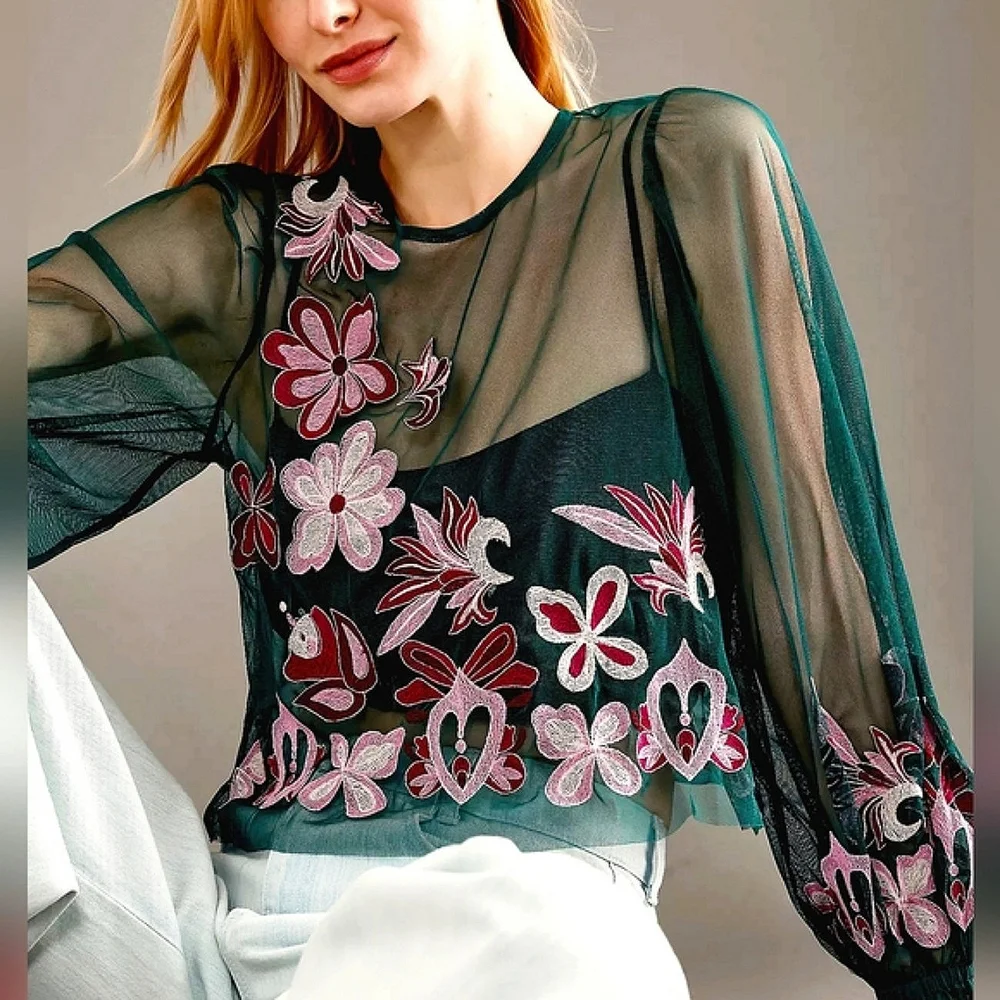 NWT By Anthropologie Long-Sleeve Embroidered Cropped Mesh Top Size 1X - Picture 14 of 16